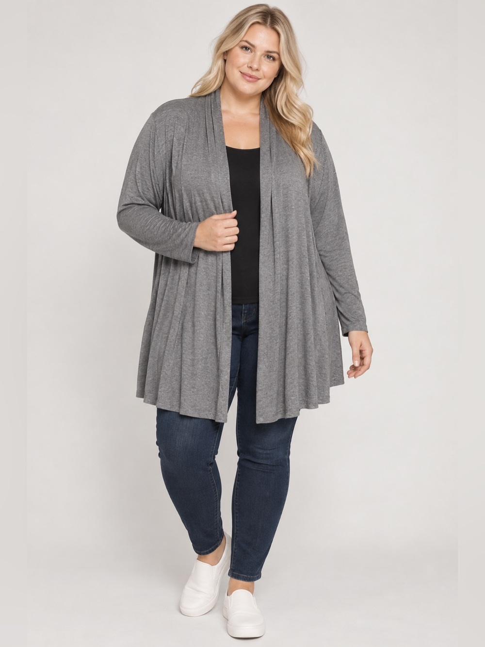 Penningtons Womens 1X Gray Open Front Cardigan Stretch Jersey Workwear Office